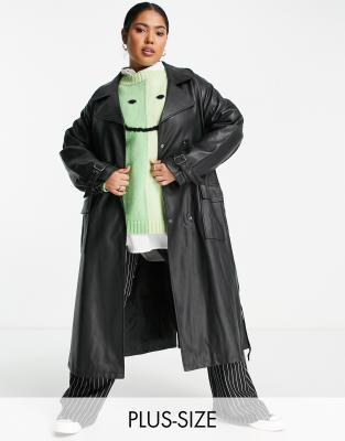 plus size faux leather trench coat