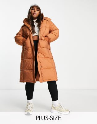 Urbancode Plus longline hooded puffer jacket in toffee brown