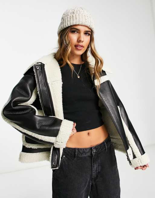 Urbancode PU aviator jacket in black with contrast cream borg trims ASOS