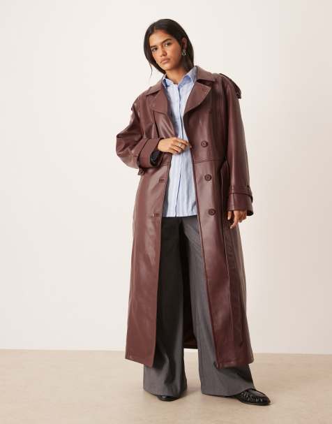 Urbancode PU drop shoulder oversized trench coat in deep burgundy - view 1