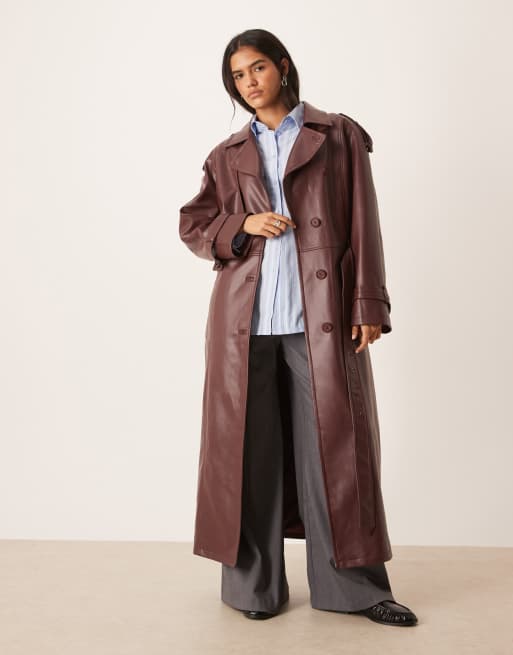 Urbancode PU drop shoulder oversized trench coat in deep burgundy
