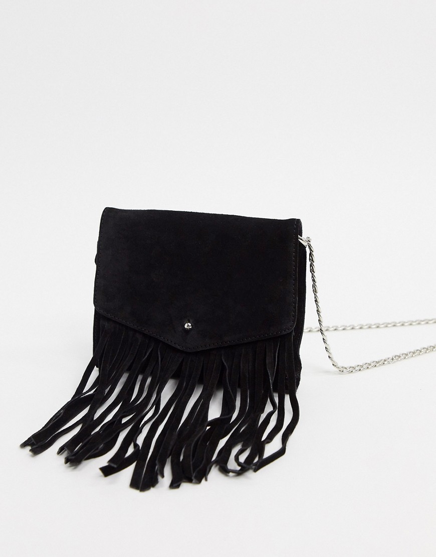 Urbancode real leather and suede fringe cross body bag-Black