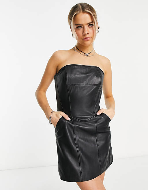 Urbancode real leather bandeau dress in black | ASOS