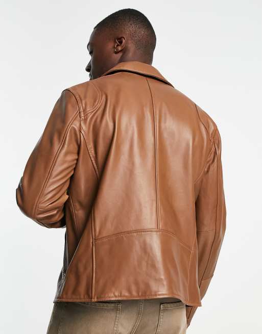 Urbancode real leather biker jacket in tan | ASOS