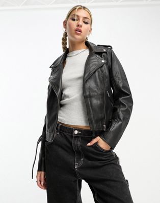 Urbancode real leather biker jacket with belt in black