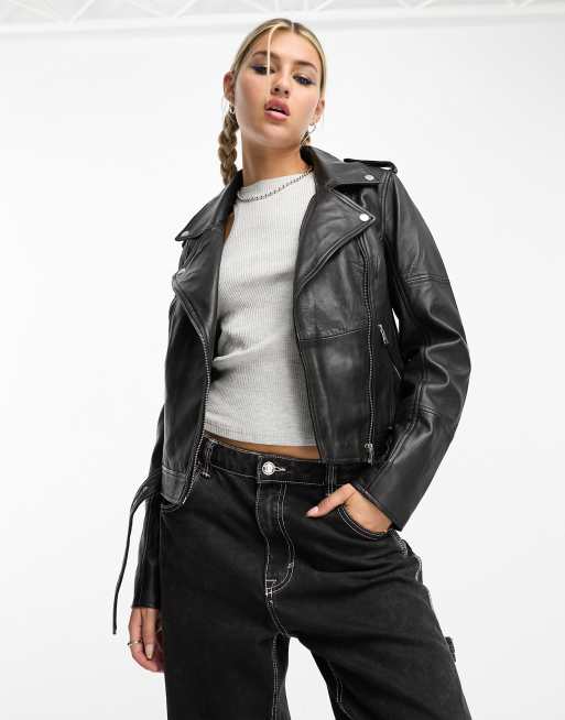 Urbancode real leather biker jacket with belt in black | ASOS