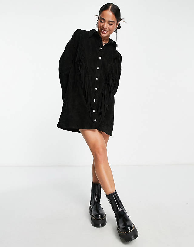 Urbancode - real leather fringe dress in black