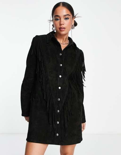 Urbancode real leather fringe dress in black | ASOS