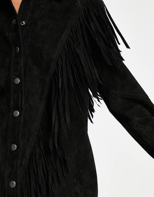 Urbancode real leather fringe dress in black | ASOS
