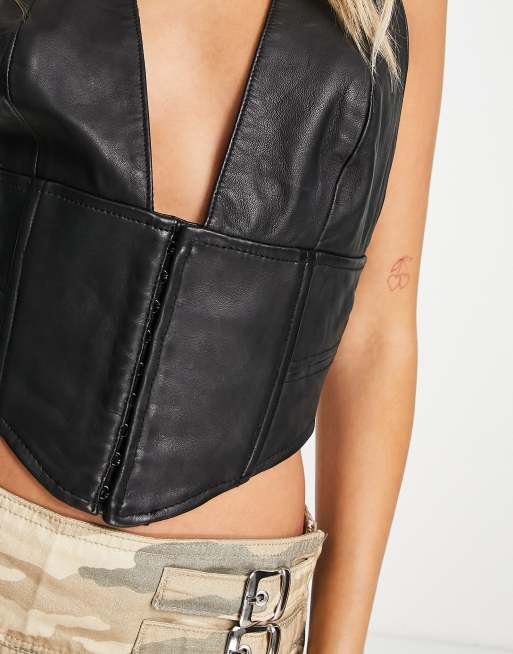 Urbancode real leather halter top in black ASOS