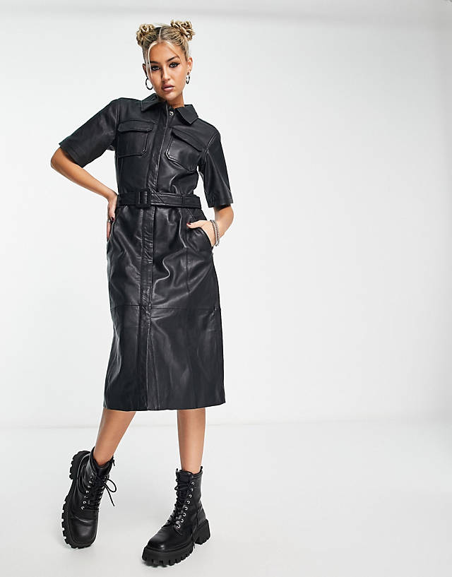 Urbancode - real leather midi shirt dress in black