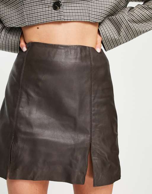 Urbancode real leather mini skirt with slits in chocolate brown, 3 of 4