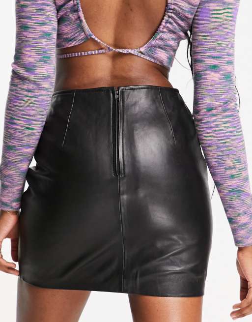 Urbancode real leather mini skirt with v front seam detail in black