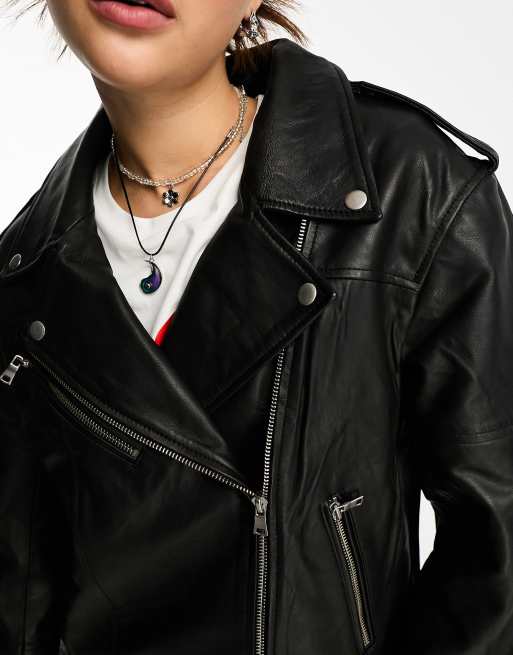 Urbancode real leather oversized biker jacket in black, 2 of 4