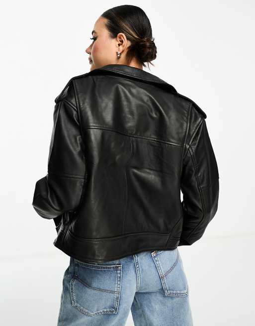 Urbancode real leather oversized biker jacket in black, 4 of 4