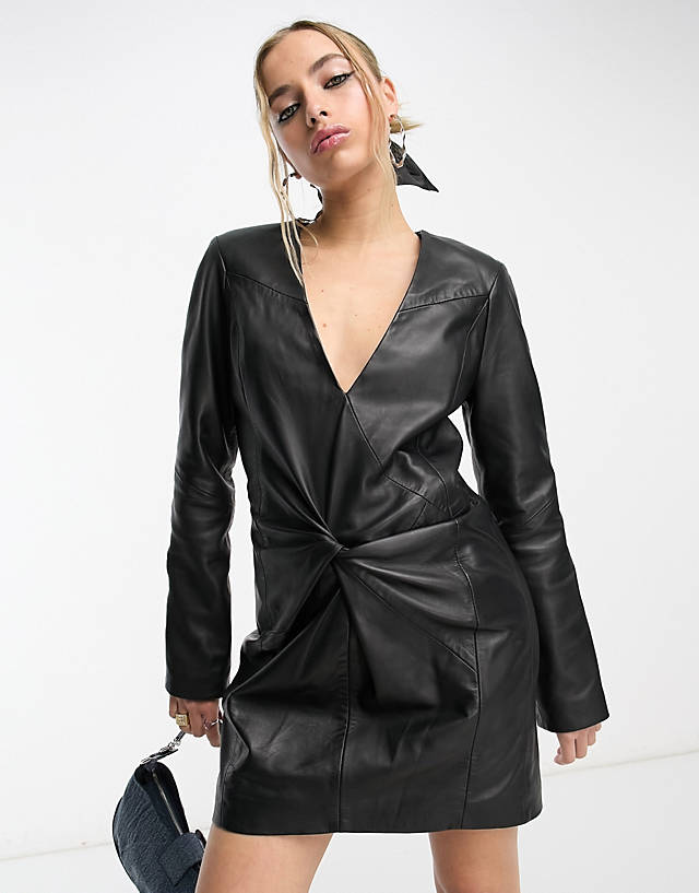Urbancode - real leather scrunch front dress in black
