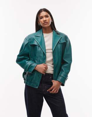 Urbancode Retro Leather Oversized Bomber In Blue