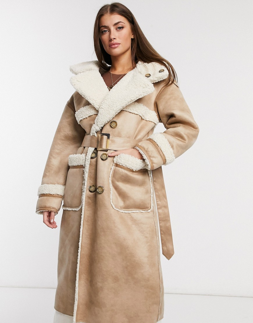 Urbancode Retter reversible faux shearling coat in vanilla-White