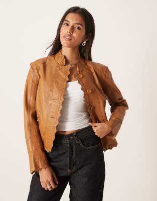 Urbancode Scallop Edge Cropped Leather Jacket In Brown