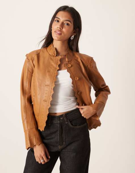 Urbancode scallop edge cropped leather jacket in chestnut - view 1