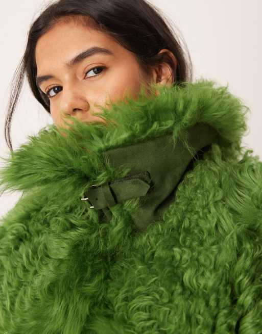Urbancode shearling boxy monster jacket in green, 2 of 4
