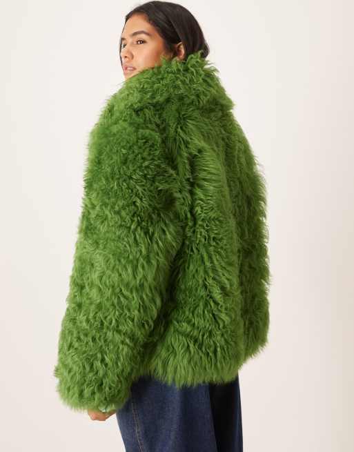 Urbancode shearling boxy monster jacket in green, 3 of 4