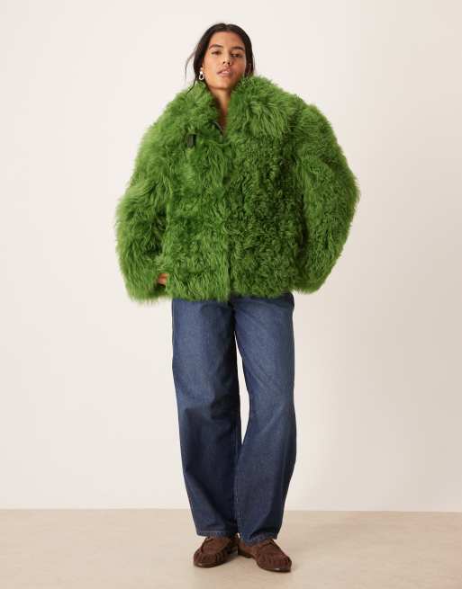 Urbancode shearling boxy monster jacket in green, 4 of 4