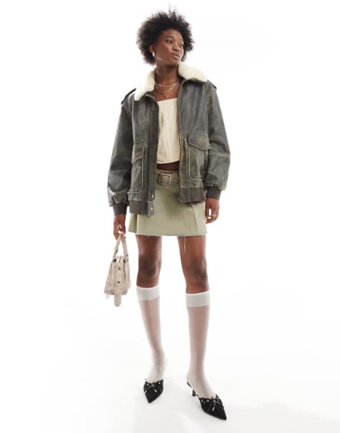 Urbancode shearling collar leather aviator jacket in deep brown - view 1