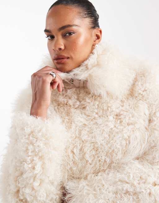 Urbancode shearling cropped chubby jacket in cream, 3 of 4