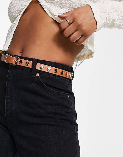 Urbancode skinny studded leather belt in tan | ASOS