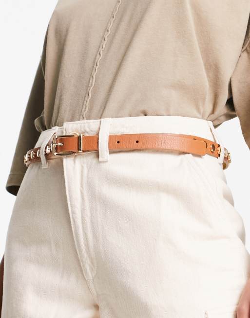 Urbancode skinny studded leather belt in tan