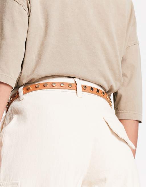 Urbancode skinny studded leather belt in tan