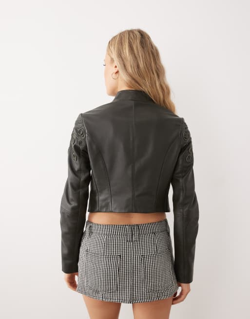 Urbancode structured jacket with embroidery detailing in asparagus, 4 of 4