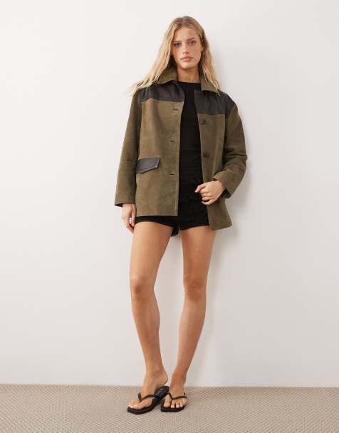 Urbancode suede and leather contrast longline jacket in khaki and black - view 1
