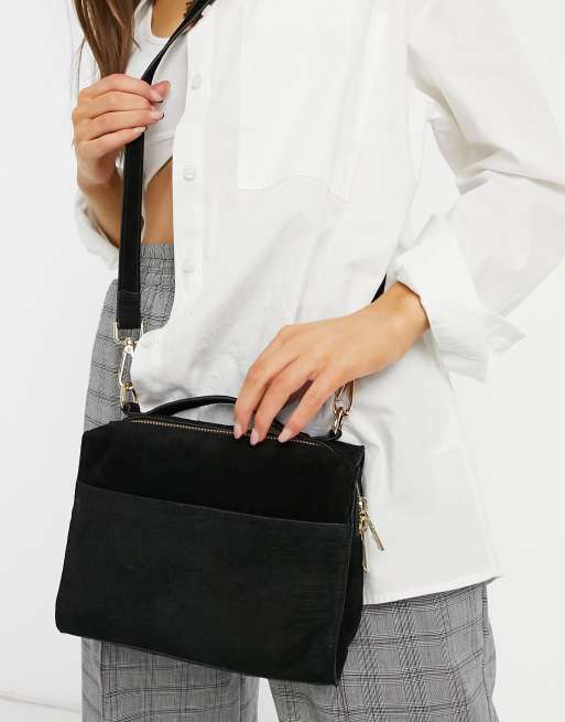 Urbancode suede boxy crossbody bag in black | ASOS