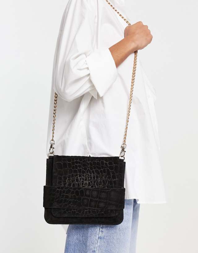 Urbancode suede croc flap over chain crossbody bag in black