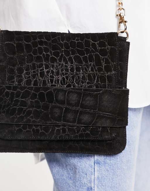 Urbancode suede croc flap over chain crossbody bag in black