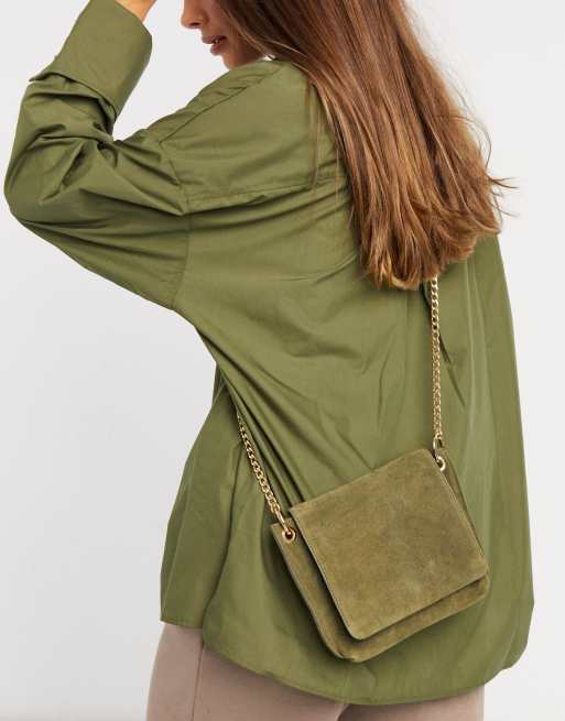 Urbancode suede cross body bag with chain strap in khaki