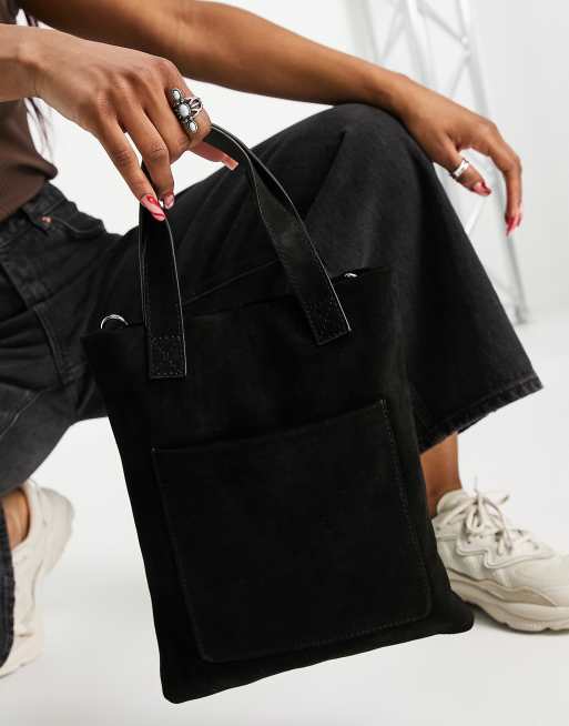 Urbancode leather tote bag with suede pocket in online black