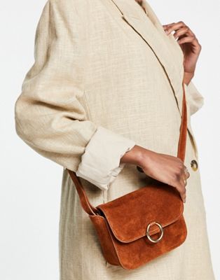 Urbancode suede ring detail leather crossbody bag in tan