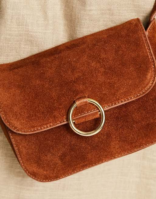 Urbancode suede ring detail leather crossbody bag in brown