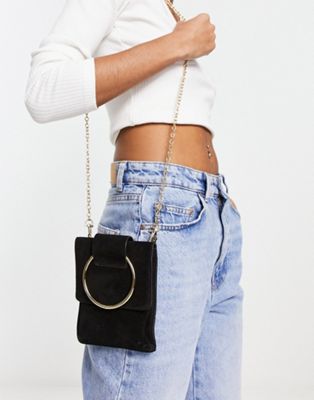 Urbancode suede ring detail mini crossbody bag with chain strap in black