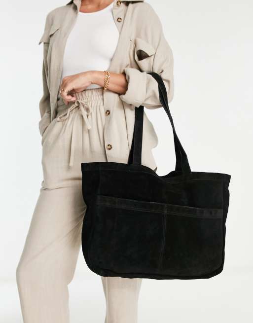 Black suede tote handbag sale