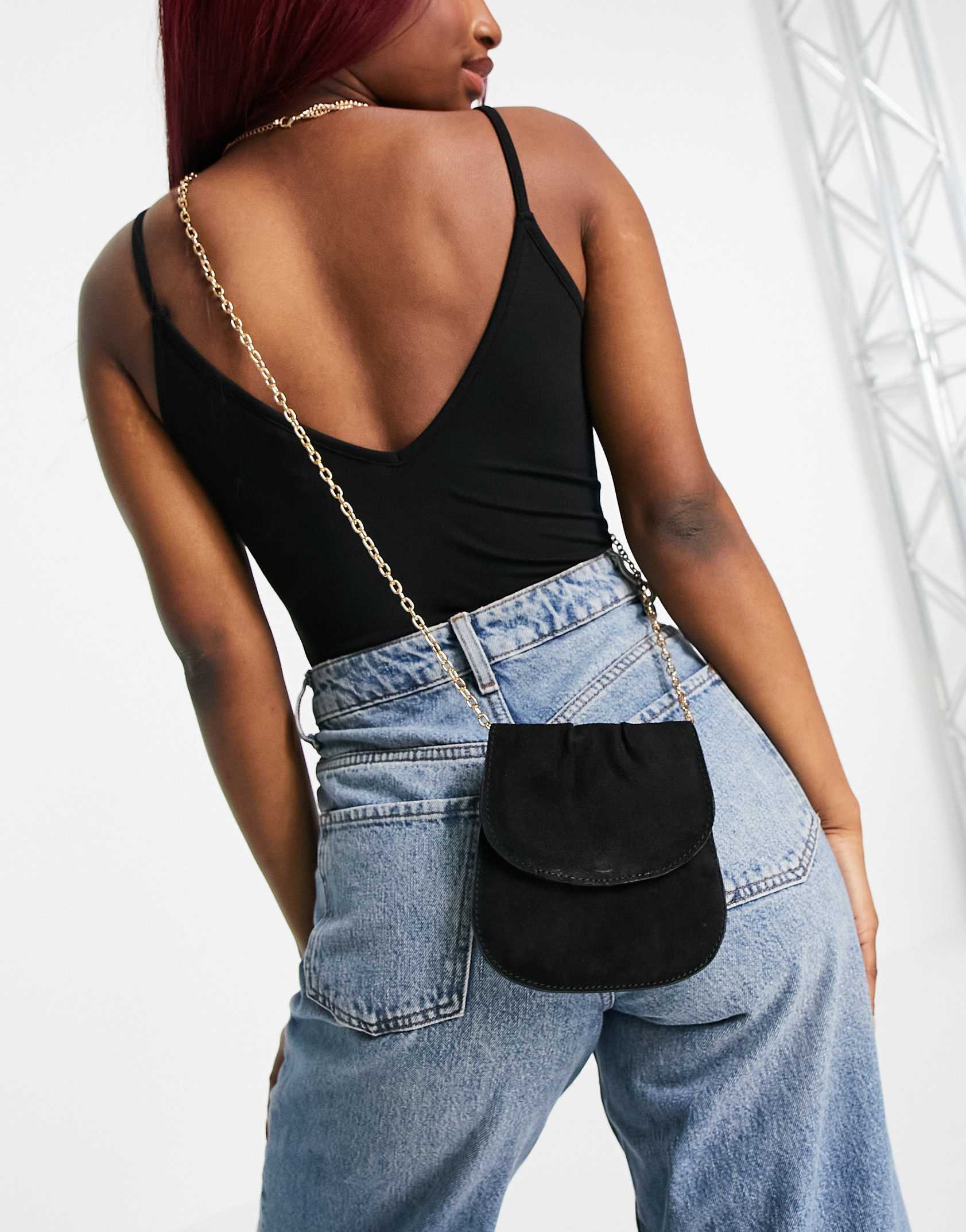 Urbancode suede tuck detail chain crossbody bag in black ASOS Price Checker
