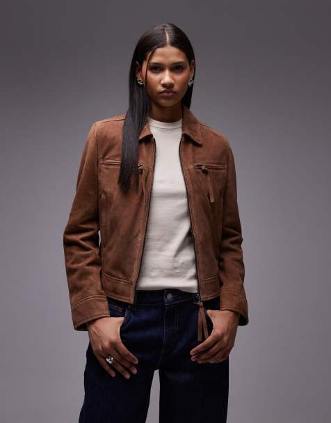 Urbancode suede zip through fitted moto jacket in cognac - view 1