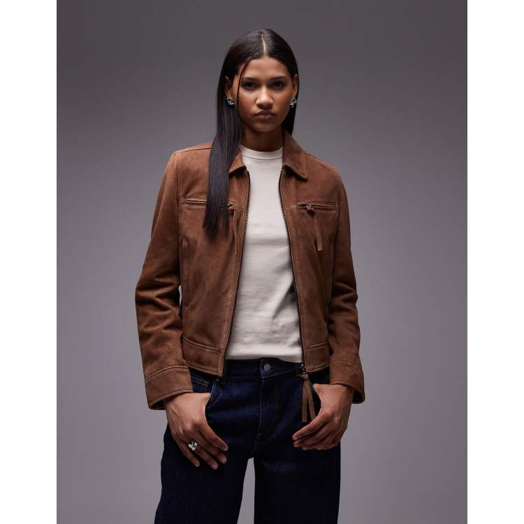 Urbancode suede zip through fitted moto jacket in cognac | ASOS