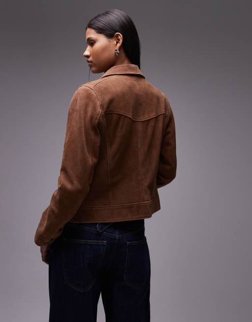 Urbancode suede zip through fitted moto jacket in cognac, 2 of 4