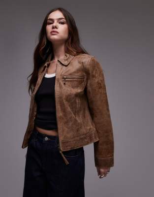 Urbancode - Taillierte Cropped Lederjacke in Sand mit Reißverschluss-Neutral