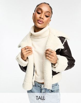 Urbancode Tall cropped aviator jacket with borg trims in chocolate brown-White