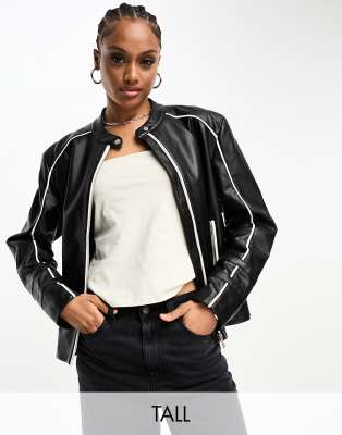 Urbancode Tall faux leather collarless biker jacket in black